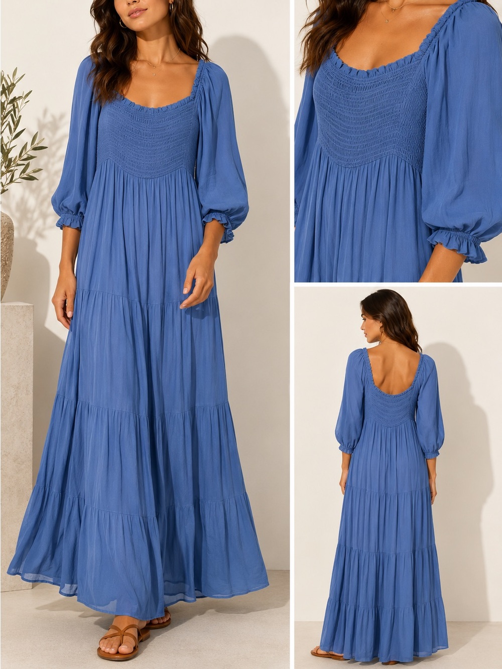 Davi & Dani Blue Smocked Tiered Maxi Dress Puff Balloon Sleeve Boho Cottagecore